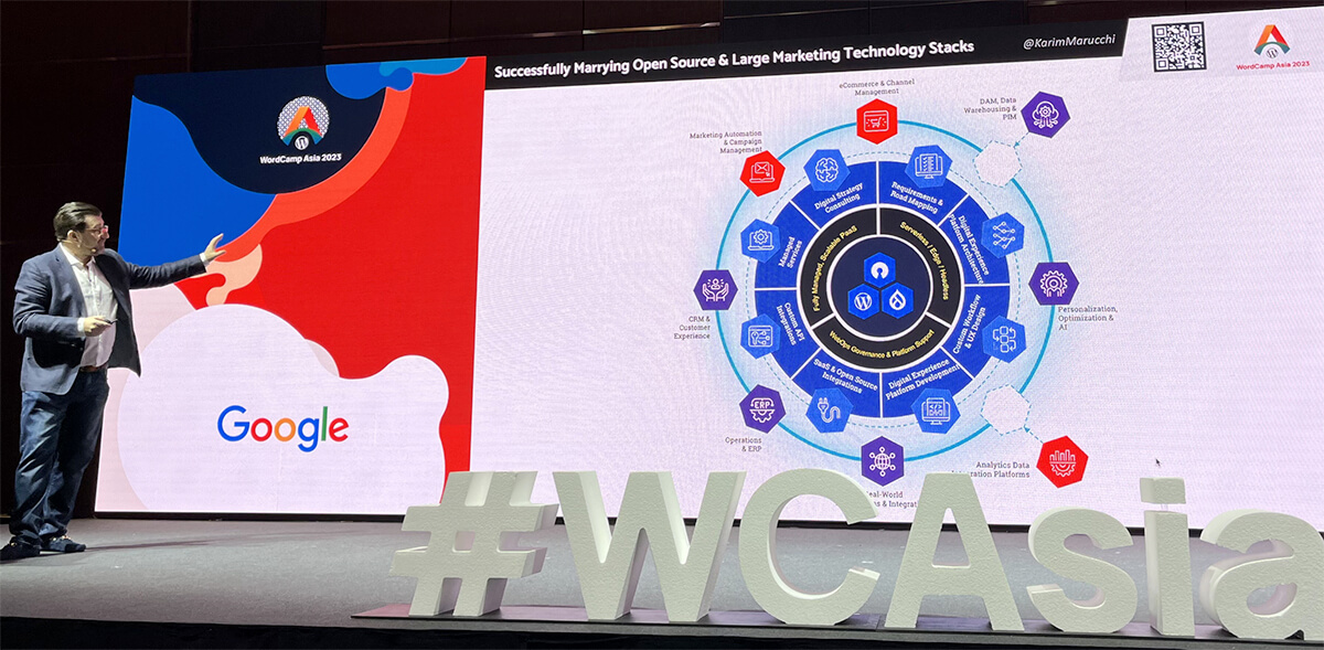 Karim Marucchi, CEO of Crowd Favorite Speaking on stage at WordCamp Asia 2023