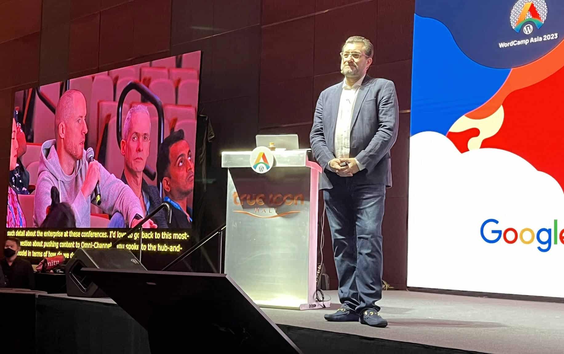 Crowd Favorite's Karim Marucchi on stage at WordCamp Asia answering questions after his talk on successfully marrying Open Source with Large MarTech stacks