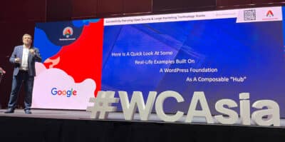 Crowd Favorite's Karim Marucchi on stage at WordCamp Asia presenting on how to successfully marry Open Source with Large MarTech stacks