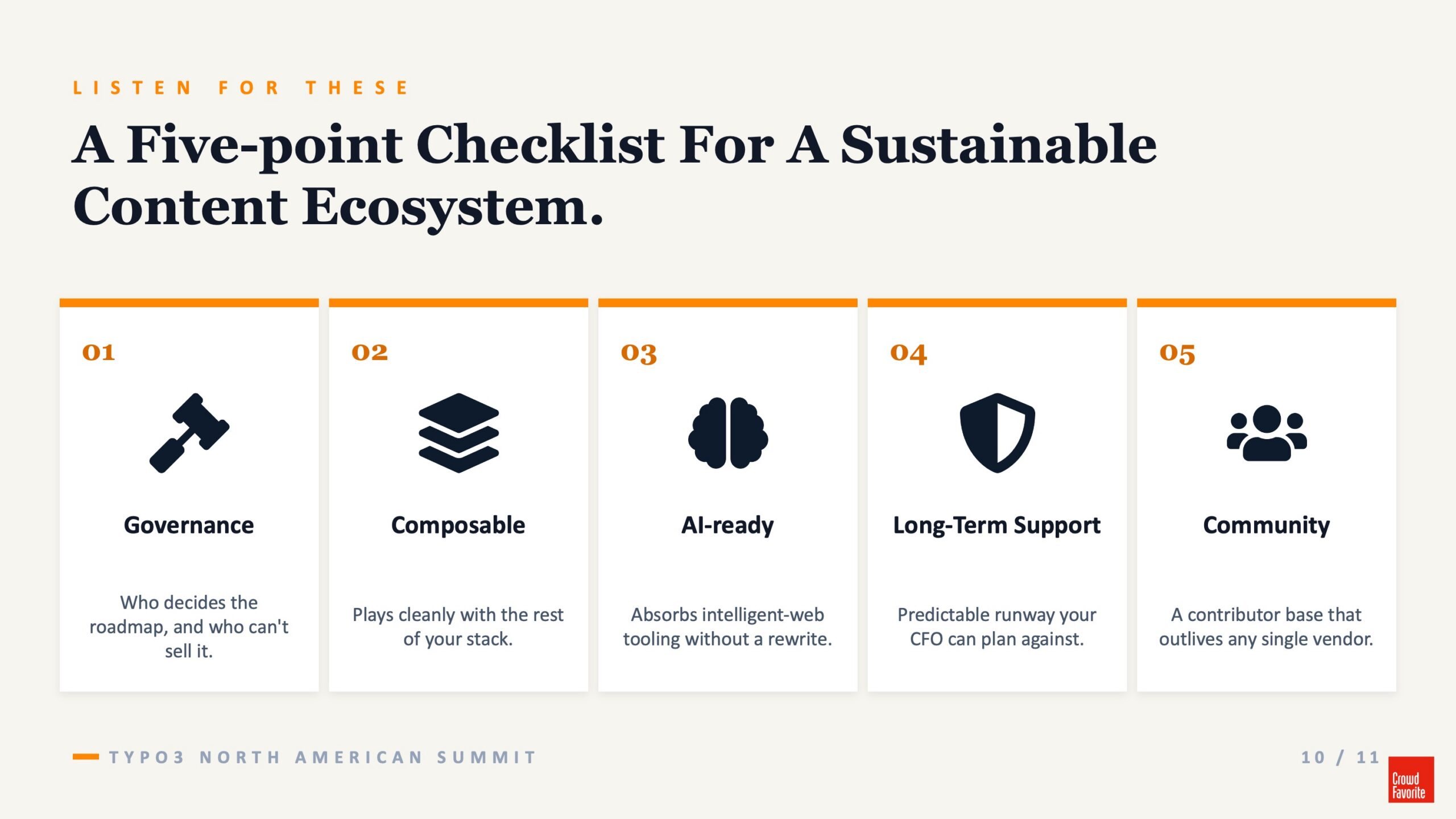 Slide from Karim Marucchi's presentation titled "A Five-point Checklist for a Sustainable Content Ecosystem" which displays the bullets noted in the list prior to the image. 